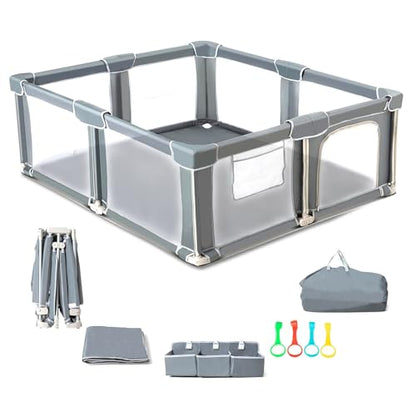 CAPAKIDS Foldable Baby Playpen 59"×71" with Mat, Out-of-The-Box Ready Playpen for Babies and Toddlers, Portable Play Yard with Breathable Mesh & Gates, Storage Bag & 4 Handlers for Indoor & Outdoor - size: 59"x71" with Mat