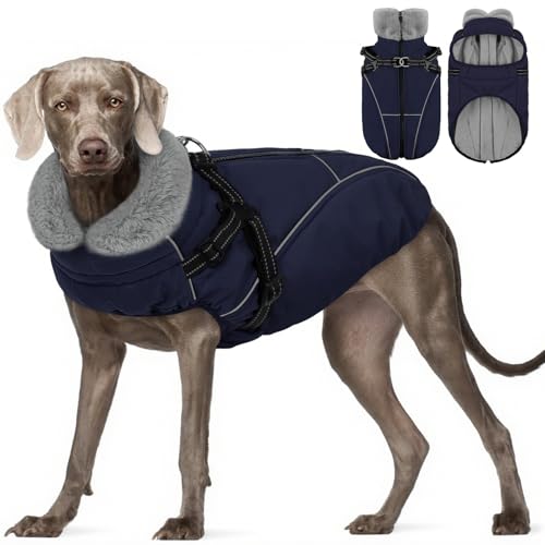XL Dog Winter Coat with Harness Built in, Dog Puffer Jacket for Large Dogs, Pet Warm Winter Vest, Dark Blue XL - color: Dark Blue, size: X-Large