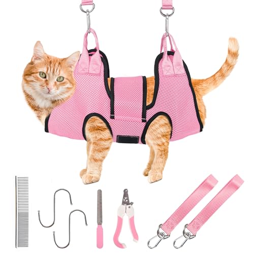 PatiencET Dog Grooming Hammock, Pet Grooming Hammock for Cats & Dogs with Security Strap, Dog Sling for Nail Trimming with Nail Clippers/Trimmer, Nail File, Pet Comb(Pink XS) - color: Pink, size: XS (12 LB Max)