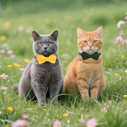 Cat Collar Breakaway with Bells, Soft Cotton Green Cat Bowtie Collar for Girl Boy Cats, Small Cats Collar with Bow for Spring Summer,2 Pack Cute Kitten Collars with Removable Bowtie 8-12Inch - color: Mustard Yellow + Forest Green