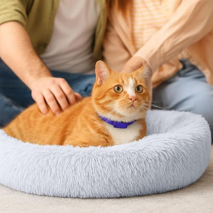 2-Pack Small Calming Dog & Cat Bed Anti Anxiety Fluffy Plush Pet Beds with Anti-Slip Bottom Machine Washable Interchangeable Pet Bed for Kittens & Puppies(Cream and Light Gray,21x16.5 Inch) - color: Cream and Light Gray