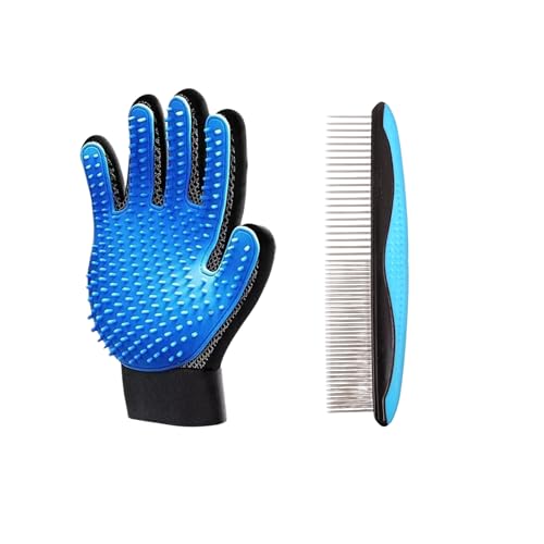 Deshedding Glove & Detangling Comb Set for Dogs Cats - Grooming Brush for Shedding, Bathing, Bonding, Small Animals & Horses - Right Hand Use (Blue)