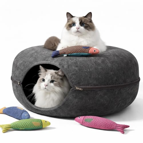 Cat Cave, Cat Tunnel Bed, Premium Cave Donut Tunnel Bed Set with Interactive Soft Cat Toys, Donut Design - Ideal Houses for Indoor (Grey) - color: Grey