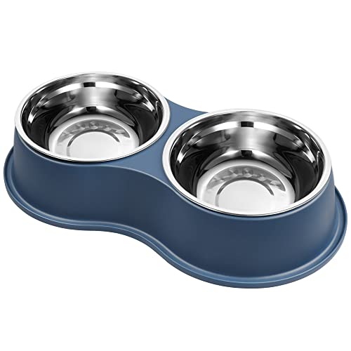 Epetslove Dog Bowls Double Dog Water and Food Bowls Stainless Steel Bowls with Non-Slip Resin Station, Pet Feeder Bowls for Puppy Medium Dogs Cats - color: 5.Blue, size: Medium-18oz