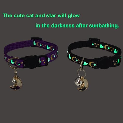 2 Pack Breakaway Cat Collars, Glow in Dark with Bell & Moon Star Pendant, Safety Buckle Kitten Collars Adjustable from 6.9-10.7" (Black/Purple) - color: Black & Purple, size: 6.9 - 10.7 in