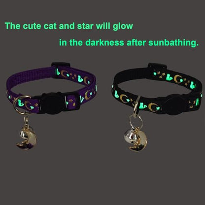 2 Pack Breakaway Cat Collars, Glow in Dark with Bell & Moon Star Pendant, Safety Buckle Kitten Collars Adjustable from 6.9-10.7" (Black/Purple) - color: Black & Purple, size: 6.9 - 10.7 in