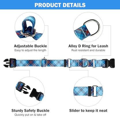 Hikiko Dog Collar for Small Medium Large Dogs, Adjustable Nylon Martingale Collars with Quick Release Buckle (Blue Plaid,S) - color: Blue Plaid, size: Small