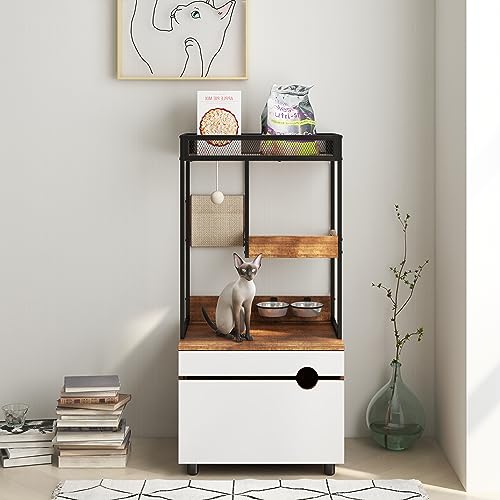 Cat Litter Box Enclosure Cat House Cat Washroom Furniture Cat Cabinet with Storage Shelf, Cat Tree Tower, White+Vintage