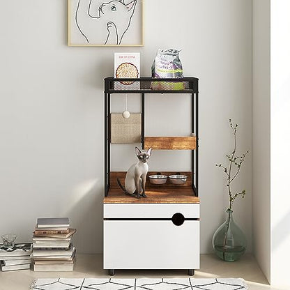 Cat Litter Box Enclosure Cat House Cat Washroom Furniture Cat Cabinet with Storage Shelf, Cat Tree Tower, White+Vintage