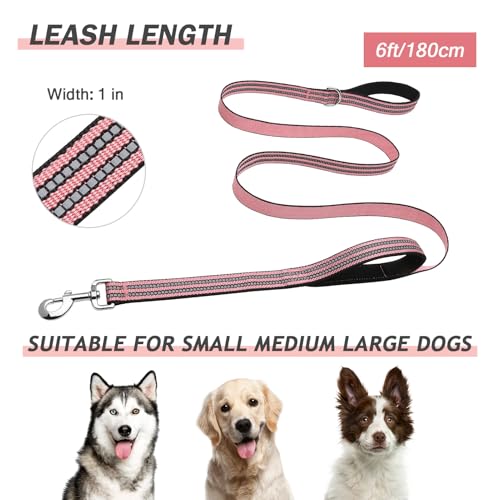 Hikiko 6 FT Heavy Duty Dog Leash with 2 Padded Handles Reflective Nylon Double Handle Dog Leash, Cherry Pink - color: Cherry Pink, size: 1 in x 6 ft