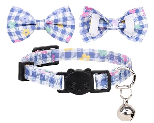 Cat Collar with Bow Tie Bell Breakaway Bowtie 2pcs Set Spring Plaid Flower Floral Solid Boy Girl Cute Kitten Safety B [Plaid & Solid] Blue - color: B [Plaid & Solid] Blue