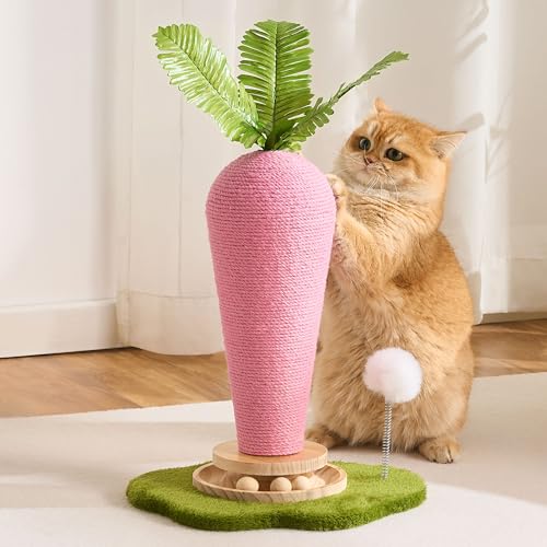 Cute Cat Scratching Post, Carrot Cat Scratcher Post with Durable Natural Wooden Turntable Toy and Catnip, 24'‘ H Carrot Shape Design Sisal Cat Tree Sisal Scratcher for Indoor Cats (Cloud Base) - color: Pink Carrot