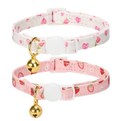 2 Pack Cat Collars, Removable Bowtie, Pink Heart Pattern, Safety Breakaway Clasp, Adjustable for Cats.(Adult Cat, Pink Strawberry and White Heart) - color: Pink+White