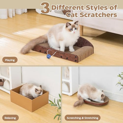 Avont 3-Piece Cardboard Cat Scratcher Set for Indoor Cats, Corrugated Cat Scratchers with Reversible Scratch Pad, Scratch Box and Lounge Bed