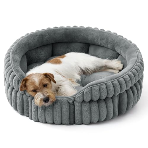 Bedsure ComfyFleece™ Medium Dog Bed, Washable Cute Pet Bed, Super Soft Corduroy Round Cat Bed with Anti-Slip Bottom, 26''x26''x9'', Warm Gray - color: Warm Gray, size: 26''x26''x9''