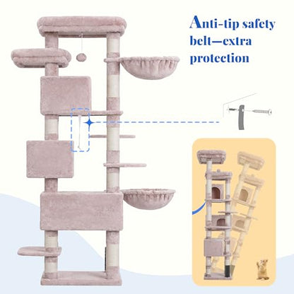 Hey-brother Cat Tree, 74 inches Multi-Level XL Large Cat Tower for Indoor Cats with Three Cat Condos, Two Large Top Decks and Cat Hairbrushfor Kittens, Cats and Pets,Muchroom MPJ035-MMU - color: Muchroom