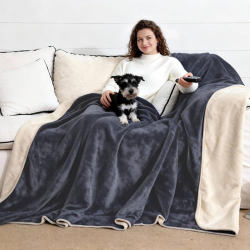 100% Waterproof Blanket Queen Size Cover for Bed, Reversible Fleece Love Blankets, Spill-Proof Dog Pads for Camping, Travel, Navy/Light Beige 80x90 inches - color: Navy/Light Beige, size: 80"x90"