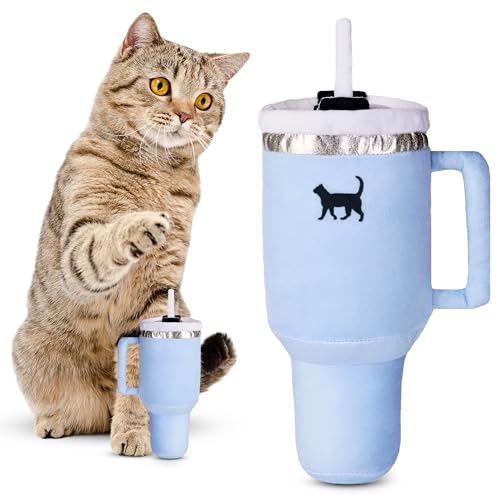 PUPROAR Kitty Cup Catnip Toy - Cute Cat Birthday Toy with Catnip & Crinkle, Funny Girly Kitten Gift (Chambray Blue) - color: Chambray Blue