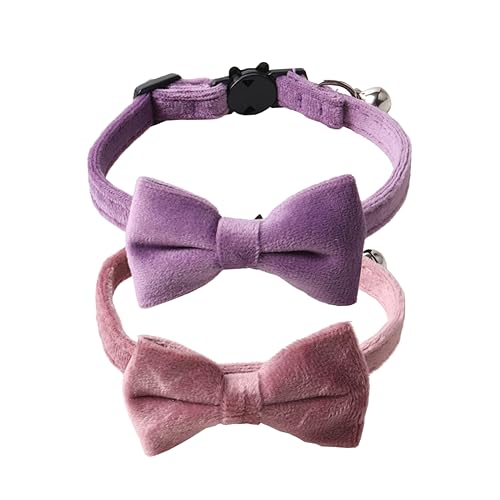 Love Dream Cat Collar Breakaway with Bow Tie and Bells - 2 Pack Velvet Girl Boy Kitty Safety Kitten Collars with Removable Bowtie for Cats Kittens, Pink & Purple - color: Pink & Purple