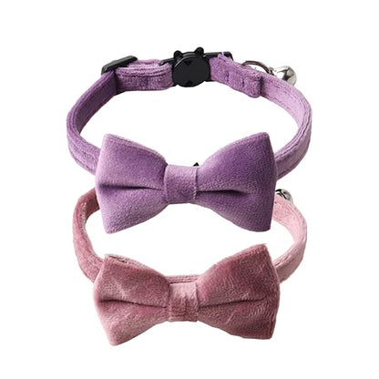 Love Dream Cat Collar Breakaway with Bow Tie and Bells - 2 Pack Velvet Girl Boy Kitty Safety Kitten Collars with Removable Bowtie for Cats Kittens, Pink & Purple - color: Pink & Purple
