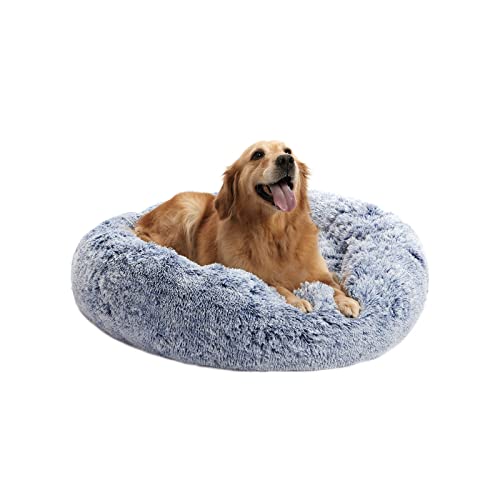 Bedfolks Calming Donut Dog Bed - 36 Inch Round Plush Beds for Large Dogs, Anti-Anxiety Machine Washable (Navy Blue, Large) - color: Navy Blue, size: 36.0"L x 36.0"W x 8.0"Th