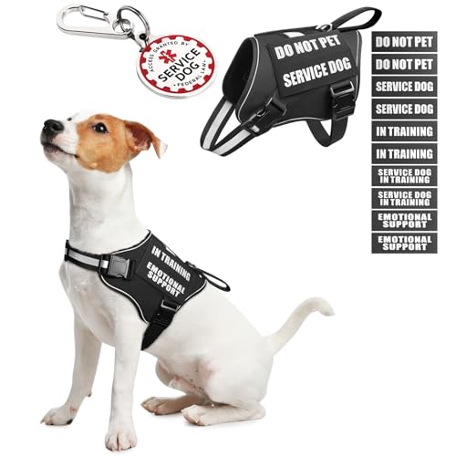 Service Dog Vest Harness+ID Tag+10 Patches,Metal Serivce Dog Tag&Reflective Emotional Support Dog Vest with Handle for Small Dogs,Easy Put On/Off for Training/Walking/Everyday Black XS - color: Black, size: XS