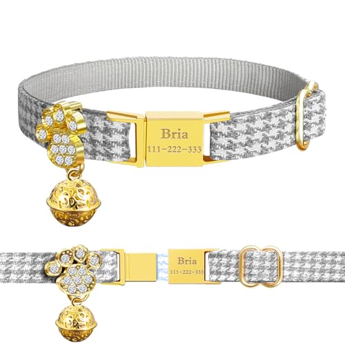 Personalized Breakaway Cat Collars - Magnetic Buckle, Bell - Safety Quick Release, Customized for Girls & Boys Cats- (Houndstooth-Grey) - color: Houndstooth-Grey