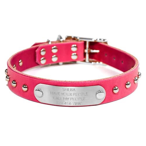 Handmade Studded Bridle Leather Dog Collar, Silver Tone Hardware and Stainless Steel Nameplate (Pink) - color: Pink