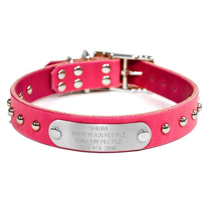 Handmade Studded Bridle Leather Dog Collar, Silver Tone Hardware and Stainless Steel Nameplate (Pink) - color: Pink