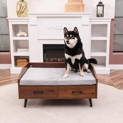 Elevated Dog Bed for Small to Medium Dogs – 32” x 21” Indoor Wooden Pet Sofa with Soft Cushion, Mid-Century Modern Style, Sturdy & Stylish (Walnut) - color: Grey