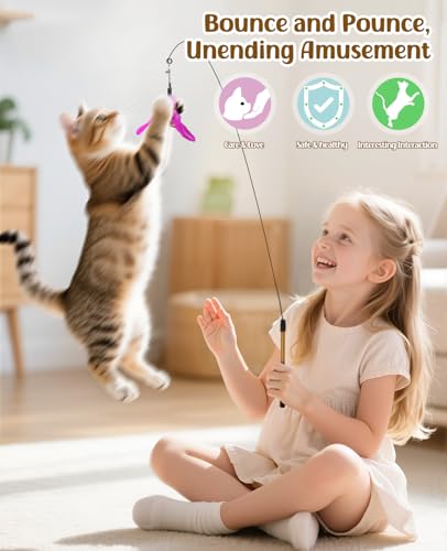 Pawaboo Feather Teaser Cat Toy, Interactive Feather Wand Cats Toy Flying Feathers Cat Catcher with Extra Long 34.5" Wand and Small Bell, Exerciser Playing Toys for Kitten or Cats, Rose + Red Brown - color: Rose + Red Brown