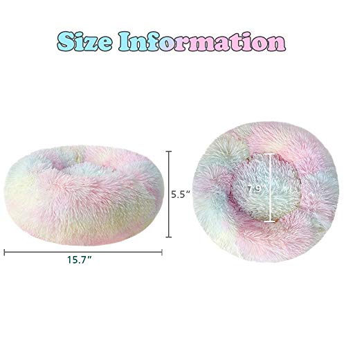 otoez Kitten Puppy Bed Extra Small XS Round Dog Cat Beds Anti Anxiety Plush Pet Calming Donut Bed with Non-Slip Waterproof Bottom, Washable (15.7", Rainbow) - color: Rainbow, size: 15.7"