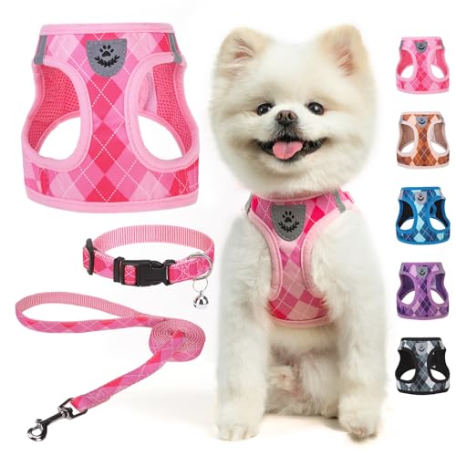 SCENEREAL Small Dog Harness and Leash Collar Set, Step in No Pull Soft Mesh Dog Harnesses for Small Medium Sized Dogs Puppy and Cats Outdoor Walking, No Chock Reflective Vest Harness, Pink Plaid XS - color: Pink, size: XS: Chest Girth: 13"-14.5"