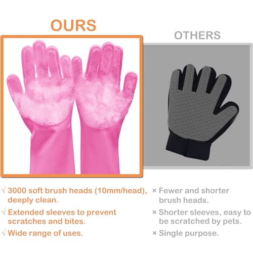 Pet Grooming Gloves, Dog Bathing Gloves with High-Density Teeth, Heat Resistant Silicone Cat Hair Remover with Enhanced Five Finger Design, Bathing and Massaging for Dogs and Cats (Pink) - color: Pink