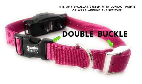 Sparky Pet Co - ECollar Replacement Strap - Easy Release Double Buckle Dog Collar - Rugged Nylon - Adjustable - D Ring - Quick Release Metal Clasp - for Invisible Fence Systems - 1" x 28" - Raspberry - color: Raspberry, size: 1" Wide