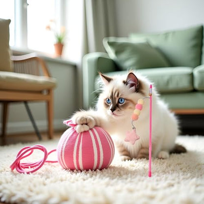 Pink Cat Stick Toy Elastic Rope Plush Ball Star Pendant Bite-Resistant Comfortable Grip Relieve Boredom Handmade Kitten Teaser Wand Cat Mice and Animals Toys