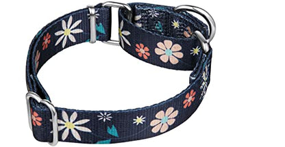 Martingale Collar Floral Print Dog Collar - No Pull Pet Collar, Heavy Duty Adjustable Dog Collar, Medium, Neck 14 Inch -21 Inch, Elegant Flowers (Dark Blue) - color: Dark Blue - Flowers, size: Medium: 14"-21", 1" Wide