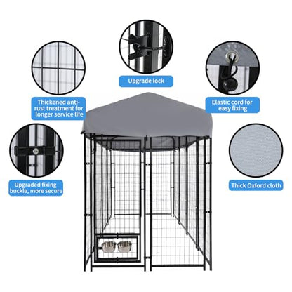 8x4x6 FT Dog Kennel Outdoor for Large Dogs - Heavy Duty Welded Steel Dog Playpen with Waterproof Roof, 360° Rotating Bowls, Latch-Lock Outdoor Dog Run Enclosure