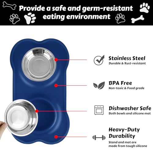 Dog Food Bowls Stainless Steel Dog Food and Water Bowl Set, Dog Bowls No Spill Non Slip Silicone Mat, Dog Dishes for Small Medium Size Dogs Cat Puppy Pet Food Feeding Bowls, Blue, 12oz - color: BLUE, size: 1½ Cup/12 oz each