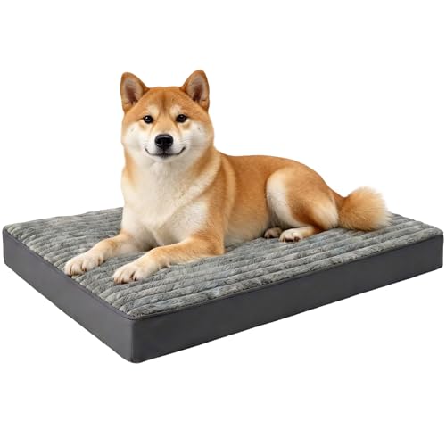 Dog Bed Large Sized Dogs, Orthopedic Flannel Pet Beds with Removable Washable Cover, Waterproof Indestructible Big Dog Bed with Anti-Slip Bottom, Egg Crate Memory Foam Pad, 35.0"x22.0"x3.0", Grey - size: L(35"x22"x3")