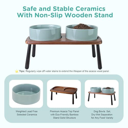 SPUNKYJUNKY Ceramic Elevated Dog Bowls Raised with Acacia Bamboo Wooden Stand, 8.3'' Dog Food Water Bowls Set Non-Slip for Medium Large Sized Breed Microwave Dishwasher Safe - 60 OZ,Light Green - color: Light Green, size: 8.3 in - Dual