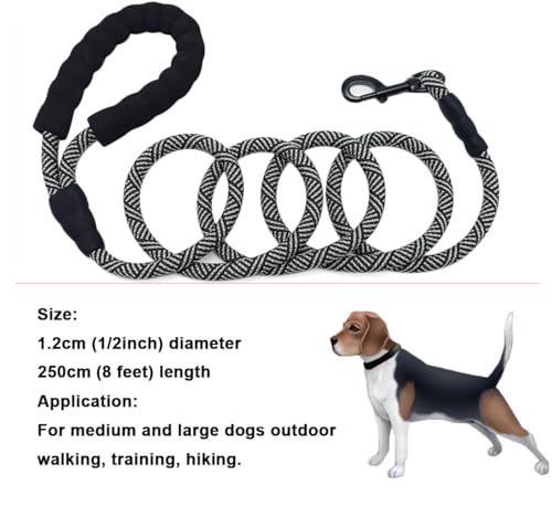 Heavy Duty Rope Dog Leash, 3/4/5/6/7/8/10/12/15/20 FT Nylon Pet Leash, Soft Padded Handle Thick Lead Leashes for Large Medium Dogs (Black, 1/2" * 8') - color: black, size: 1/2" * 8'