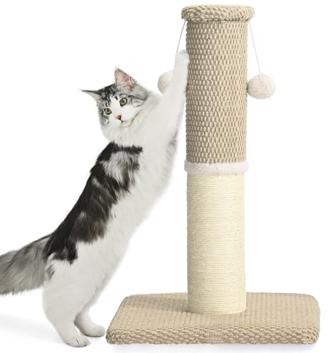 Made4Pets Tall Cat Scratching Post, Heavy Duty and Thicker Scratching Posts for Indoor Cats Adults, 23.6" Natural Sisal Cat Scratcher with Hanging Balls, Sturdy Base Cat Scratch Post, Beige - color: Beige, size: 23.6"H