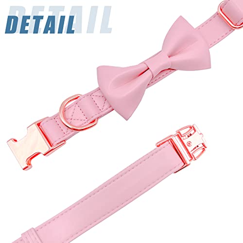 Soft Leather Bowtie Dog Collar - Adjustable Cute Bow Tie Collar [Easy to Clean] with Stylish Rose Gold Heavy Duty Metal Buckle for Small Medium Large Dogs Pink M - color: Pink, size: M(13.8"-19.7")