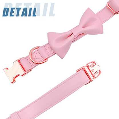 Soft Leather Bowtie Dog Collar - Adjustable Cute Bow Tie Collar [Easy to Clean] with Stylish Rose Gold Heavy Duty Metal Buckle for Small Medium Large Dogs Pink M - color: Pink, size: M(13.8"-19.7")