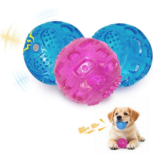 RICHIE Ultra Durable Squeaky Dog Balls 3 Inch for Large Medium Dogs, Tough Chew Toys for Aggressive Chewers, Floating Fetch Balls for Pool Play, Teeth Cleaning Dog Toys 3 Pack Red + Blue + Blue - color: Red + Blue + Blue