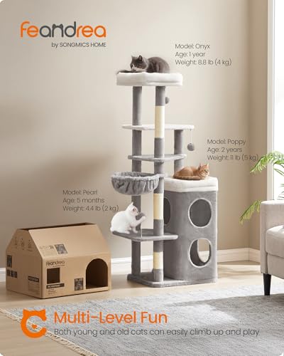 Feandrea Cat Tree, 60-Inch Cat Tower, Multiple-Level Plush Condo with 2 Caves, 3 Scratching Posts, 3 Perches, Dove Gray UPCT007G01 - color: Dove Gray