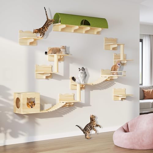 Cat Shelves for Wall, 16-in-1 Solid Wood Wall Mounted Cat Wall Shelves with Tunnel, Scratching Post, Steps & Bridge Ladder, Multi-Level Cat Climbing System, Space Saving, Floating Cat Shelves - color: Burlywood, size: 16-in-1