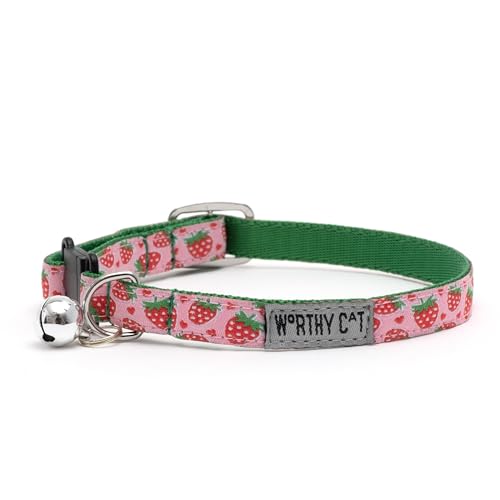 THE WORTHY DOG Characters Strawberries Cat Collar with Bell, Adjustable Nylon Safety Collar, Pink, One Size - color: Pink-Strawberries
