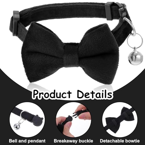 Cat Collar Breakaway Cat Bow Tie Adjustable from 7 to 11 Inches Soft Velvet Bowtie Cat Collar with Bell for Kitten Puppy Cats Wedding Costumes (Black) - color: Black
